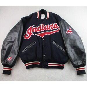 Vintage Cleveland Indians Jacket Mens Medium Wool Leather Navy MLB Baseball‎ 90s